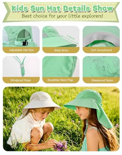Rosoz Kids Sun Hat with Neck Flap UV Protection Summer Toddler Beach Hat Unisex Ponytail Hat Wide Brim Fishing Hat - color: 1pack-light Cyan Green
