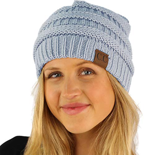 CC Classic Winter Fall Trendy Chunky Stretchy Cable Knit Beanie Hat - color: Solid Denim
