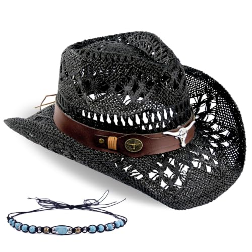Foeran Men's Women's Straw Cowboy Hat Cowgirl Woven Sun Hat Western Cowboy Hat Two Decorative Bands - color: Black-bull Head