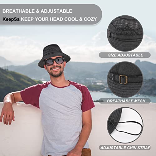Sun Hat Men Cotton Embroidery Wide Brim Bucket Safari Boonie - color: Black, size: 6 7/8-7 1/4