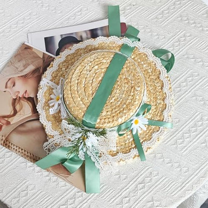 Victorian Tea Party Sun Hat, Wide Brim Straw Flat Cap - color: Green
