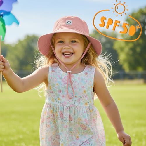 Kids Sun Hat Smile Face Bucket Hat Toddler Hat Wide Brim Adjustable Strap - color: Pink, size: 3-8T