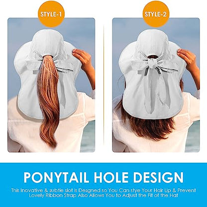 Womens Sun Hat UV Protection, Foldable Waterproof Wide Brim Bucket Hats with Neck Flap for Summer Beach Fishing Hiking - color: Light Grey