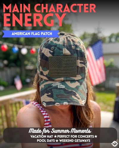 Funky Junque Distressed Baseball Cap, Vintage Embroidered Dad Hat - color: American Flag - Green Camo