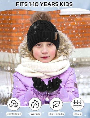 Kids Winter Hat Gloves Scarf Set, Boys and Girls Beanie Hat - color: Black White