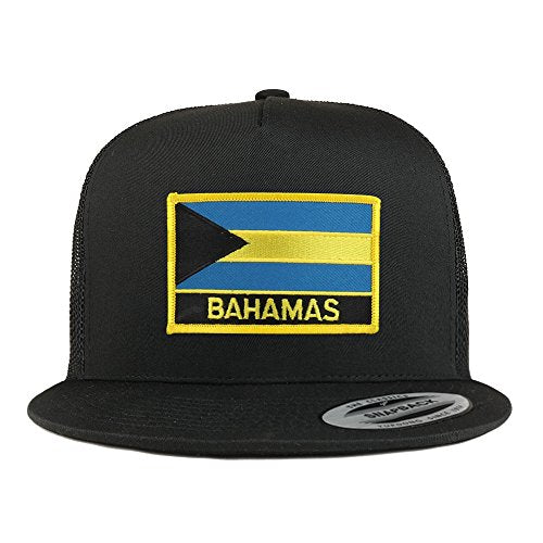 Trendy Apparel Shop Bahamas Flag 5 Panel Flatbill Trucker Mesh Snapback Cap - color: Black