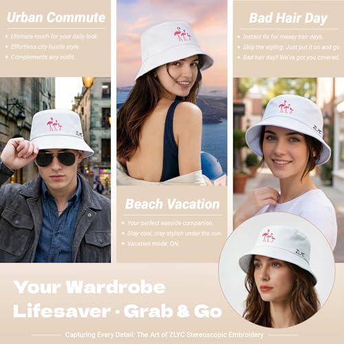 ZLYC Cotton Bucket Hat for Women Men Embroidered Packable Summer Sun Cap - color: White Flamingo