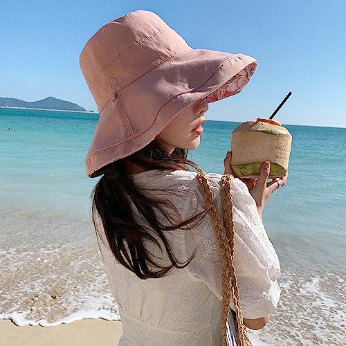 HUAMULAN Wide Brim Women Summer Sun Floppy Hat Reversible Beach Bucket Hat - color: M1744-pink
