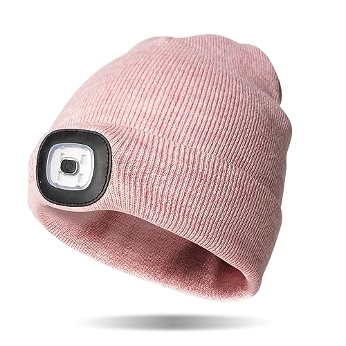 Classic Rechargeable LED Warm Knit Beanie Head Light Hat Headlamp for Outdoor Activities - color: Pink