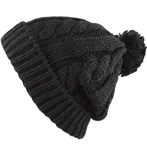 Women and Men Beanie Daily Winter Oversized Thick Stretchy Knitted Pom Pom Beanie Fleece Lined Beanie Hat - color: 1. Curly Black