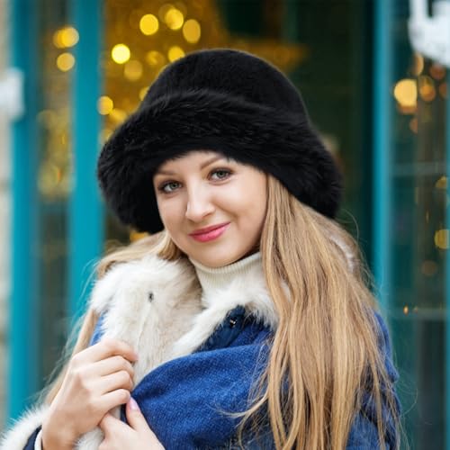 Peicees Winter Bucket Hat for Women Fur Russian Ushanka Ladies Fluffy Snow Hat Fuzzy Fisherman Cap Warm Cute - color: White