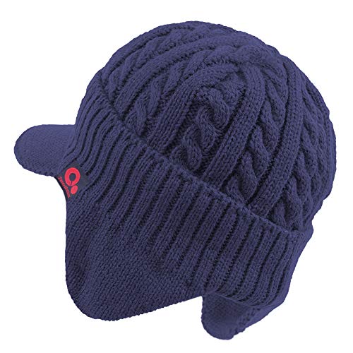 Women's Winter Cable Knitted Visor Beanie Fleece Lining Ear Flap Baseball Cap Hunting Trapper Hat with Billed - color: Blue,navy