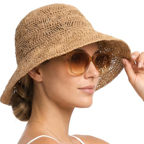 Eurzom Wide Brim Straw Bucket Hats for Women Summer Beach Sun Hat Foldable Packable Outdoor Travel Fedora Hat UV Protection - color: Khaki