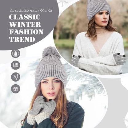 Womens Winter Fleece Lined Knitted Beanie Hat Glove Set, Warm Pom Pom Beanie Knit Cap Touchscreen Gloves for Women - color: Gray