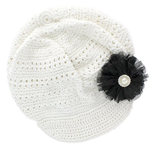 My Lello Little Girl's Newsboy Crochet Beanie Hat with Vintage Lace/Tulle Flower - color: White/Black, size: One Size