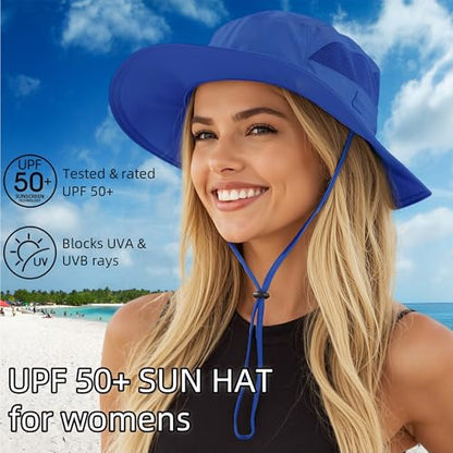 Connectyle Women's UPF 50+ Sun Hat UV Protection Wide Brim Bucket Hat Summer Beach Hats Fishing Hiking Outdoor Safari Hats - color: Royal Blue
