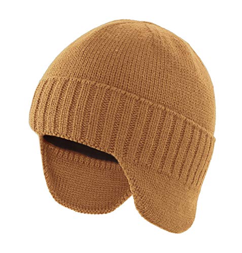 Home Prefer Mens Winter Hat Knit Earflap Hat Stocking Caps with Ears Beanie Hat - color: Camel