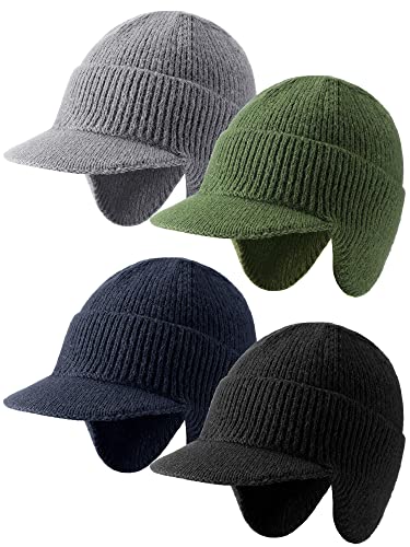 Giegxin 4 Pcs Winter Knit Beanie Visor Cap with Earflaps, Beanie Hats for Men, Thick Beanie with a Brim Fleece Lining Winter Hat with Visor Outdoor Cold Weather Men Women