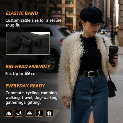 Comhats Women's Wool Winter Warm Newsboy Hats, Fashion Pageboy Beret Cap - color: Black – Elastic Back, Fleece Lined, size: Large