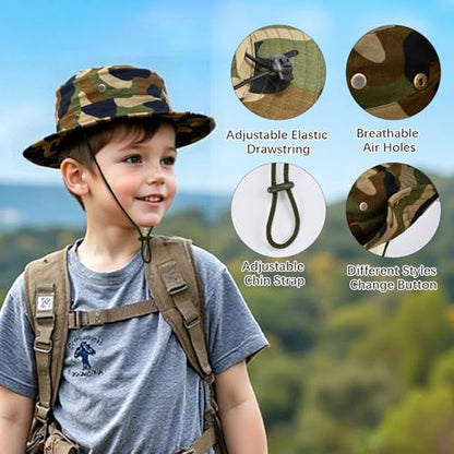 Kids Sun Hats for Boys Girls Bucket Hat UPF 50+ UV Protection Safari Hat Lightweight & Breathable Boonie Hat - color: 1 Pack-jungle Camo