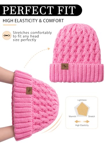 Winter Hats for Women Cable Knit Chunky Skull Cap Fleece Lined Thick Fold Cuff Beanie hat - color: Pink, style: Pineapple