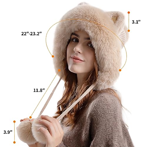 Fluffy Knit Beanie Hats for Women Winter Warm Fleece Lining Skull Cap Plush Faux Fur Pompom Earflaps Snow Hats - color: Beige - B