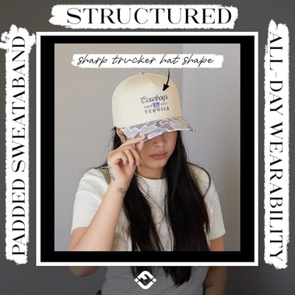 Funky Junque Trucker Snapback Hat - color: Cowboys & Tequila - Duck Camo - Lt Blue & Lt Grey/Beige