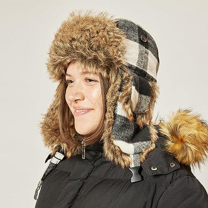 Faux Fur Safety Reflective Plain Plaid Aviator Trapper Hat Snow Ski Trooper Winter Cap - color: 3. Plaid - Gray, size: Small-Medium