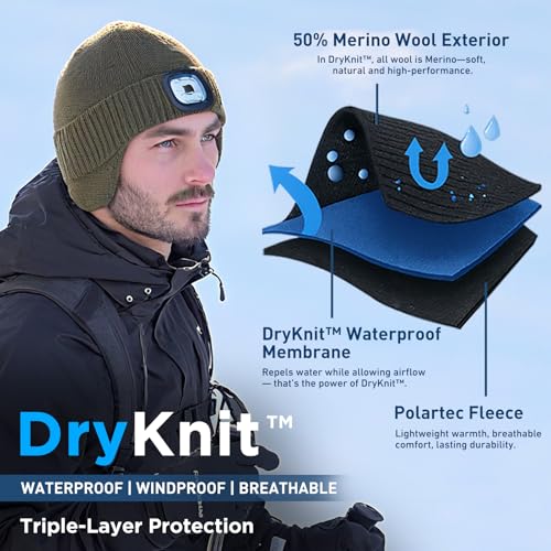 TOP-EX DryKnit™ Waterproof 50% Merino Wool LED Beanie Hat with Ear Flaps - color: Grey, size: X-Large-XX-Large