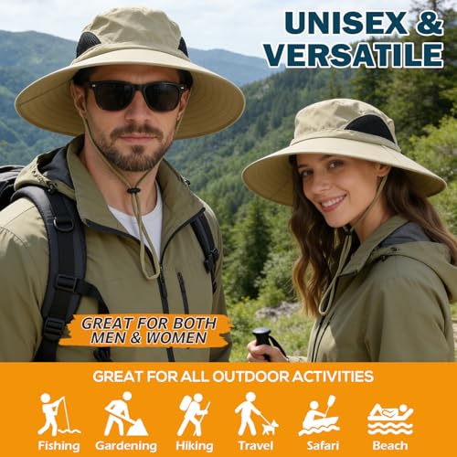 Wide Brim Sun Bucket Hat, Waterproof Boonie Hat for Men & Women - color: 01 Khaki