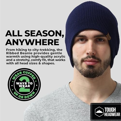 Tough Headwear Ribbed Beanie Hat - Stretch Fit Beanie for Women - Knit Winter Hats for Men - Breathable Knit Caps - color: Black + Black + Navy Blue