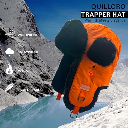 Winter Trapper Hat for Men and Women,Russian Ushanka Aviator Warm Cold Proof Ski Hunting Cycling Winter Hats - color: Orange Taslon Black Faux Fur, size: Small-Medium
