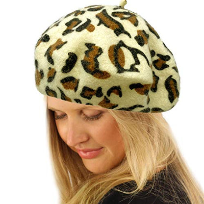 Classic Winter 100% Wool Warm French Art Basque Beret Tam Beanie Hat Cap - color: Leopard White