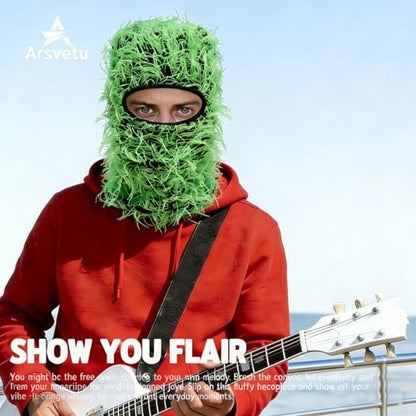 Distressed Ski Mask Balaclava, Yeat Shiesty Knitted Full-Face Mask - color: Green