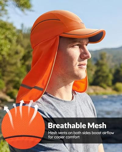GADIEMKENSD 360° Reflective Work Hat with Neck Shade, UPF50+ Sun Protection, Breathable Mesh, Sweat Wicking - color: Neon Orange