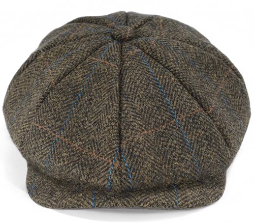 Mens Newsboy Cap High Woolen Tweed Gatsby Hat Ivy Cabbie Flat Golf Cap for Fathers Women Unisex - color: Herringbone Plaid Brown, size: 7-7 1/8