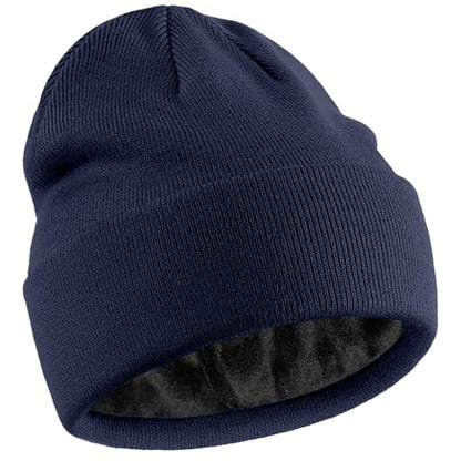 Fleece Lined Wool Beanie Hat Men Women, Warm Cuffed Winter Cap - color: Navy Blue