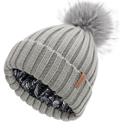 FURTALK Womens Winter Beanie Hat Satin Lined Faux Fur Pom Pom Beanies Hat for Women Winter Warm Knit Hats - color: Grey