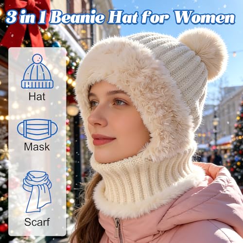 3 in 1 Beanie Hat for Women, Knitted Balaclava Hats,with Scarf and Mask,Face Mask Neck Scarf Set - color: Khaki