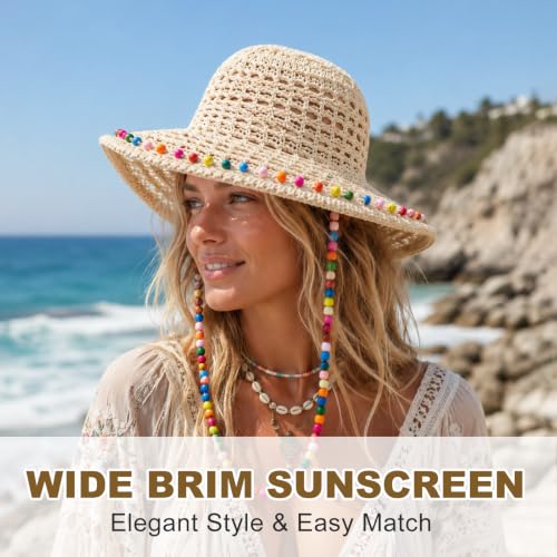 YAMEIZE Flower Straw Bucket Hats for Women Raffia Beach Sun Hat Wide Brim Packable Woven Hat for Summer - color: Color Bead Beige