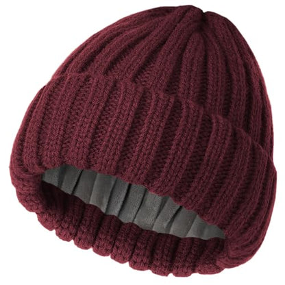 Fleece Lined Wool Beanie Hat Women Men,Winter Knit Chunky Snow Cap - color: 1-wine Red