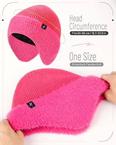 HAMUNI Winter Fleece-Lined Beanie with Earflaps, Warm Windproof Unisex Beanie Hat for Skiing, Hiking & Outdoor Winter Sports - color: Magenta