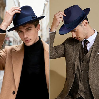 BABEYOND 1920s Fedora Hat for Men Gatsby Wide Brim Hat Felt Panama Cap - color: Navy Blue