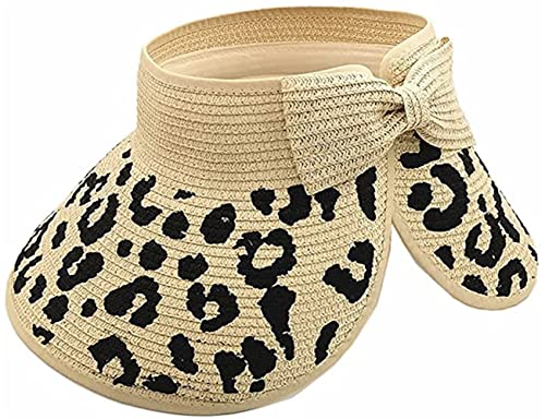 Women Sun Visors Wide Brim Foldable Packable Ponytail Beach Hat Straw Leopard Roll Up Bow Visor Sun Hats - color: Beige