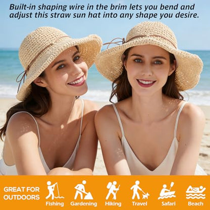 Women's Straw Bucket Sun Hat, Packable Floppy Wide Brim Beach Hat - color: Beige a