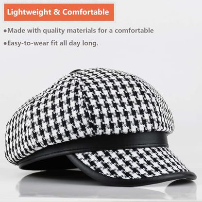 Womens Newsboy Cap French Fashion Hats Summer Cabbie Baker Boy Hat for Fall Beret Cap - color: T1-houndstooth-black