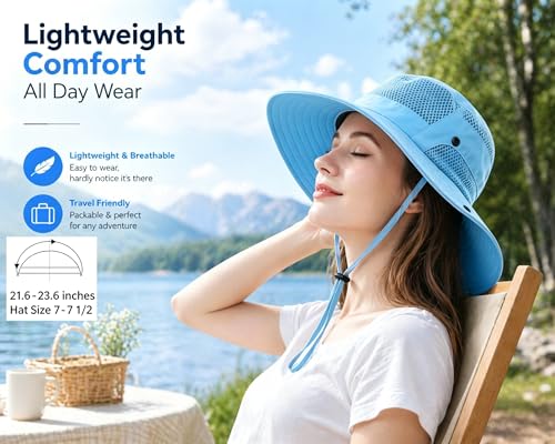 Sun Bucket Hat for Men Women Wide Brim UPF 50+ UV Protection Waterproof - color: Sky Blue
