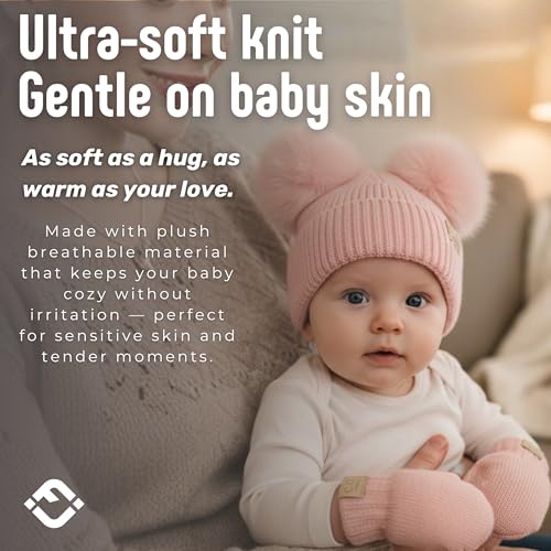 Funky Junque Baby Double Faux Fur Pom Pom Beanie & Mittens Set – Newborn Infant 0–9 Months Winter Hat with Soft Lined Mittens - color: Ear Flap Light Pink W/ Light Pink Mittens (0-9 Months)