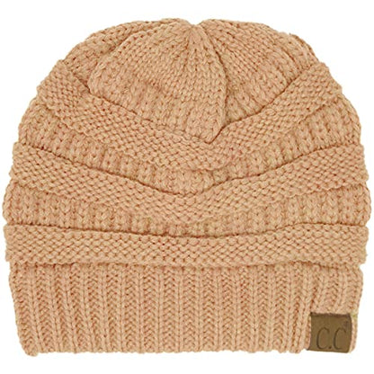 CC Classic Winter Fall Trendy Chunky Stretchy Cable Knit Beanie Hat - color: Solid Sand