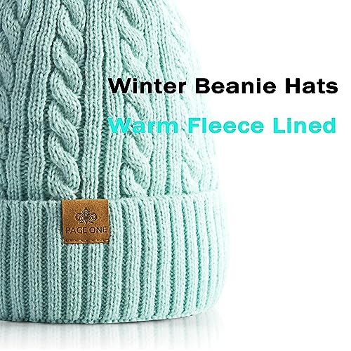 PAGE ONE Women Winter Pom Pom Beanie Hats Warm Fleece Lined Knit Hat Chunky Trendy Cute Cap - color: Mint Green-1